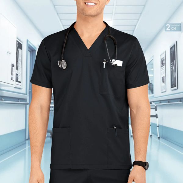 Solid Color Men's Short-Sleeve Nursing Scrubs Top with Multiple Pockets for Healthcare Workers