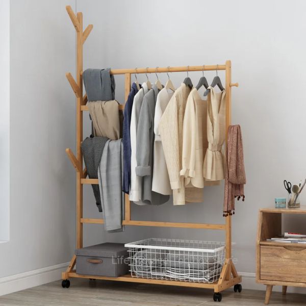 Solid wood floor-standing coat rack with bamboo shelves for bedroom storage, no wheels