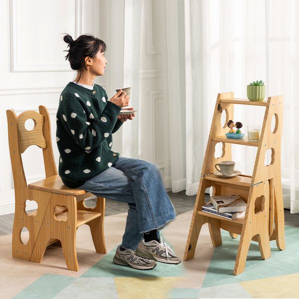 Solid wood folding ladder chair with bamboo steps, multi-purpose 2-step household stool for storage and climbing