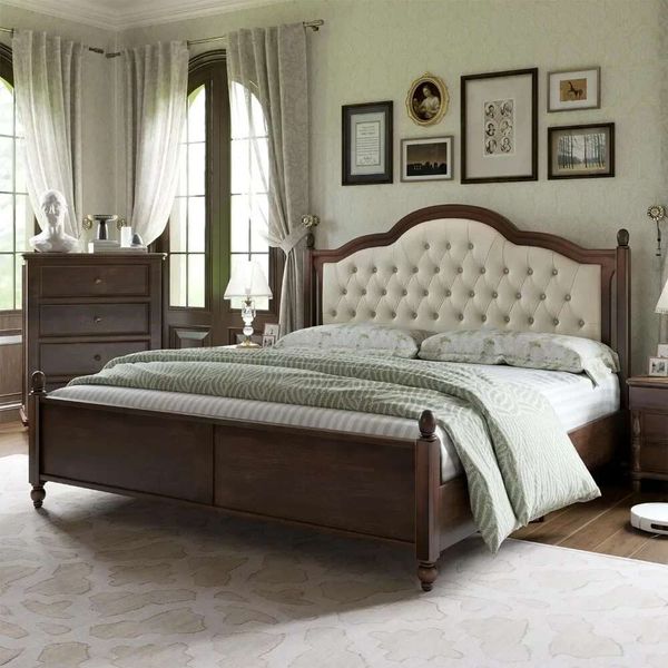 Solid Wood King Bed Frame with 52.5" Upholstered Headboard, Featuring Rubberwood Roman Columns for Support - No Box Spring Required