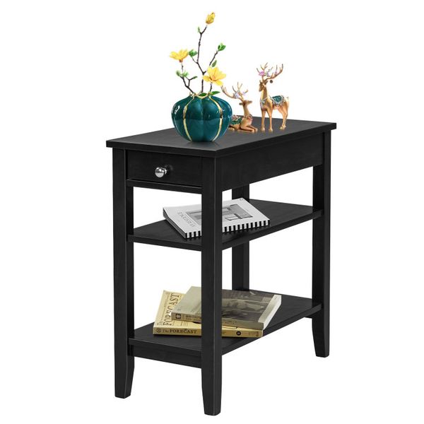 Space-saving side table featuring a drawer and two-tier open shelving