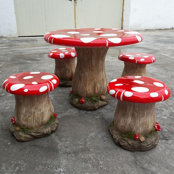 Square garden sets featuring leisure tables, chairs, decorative mushrooms, and ornamental stool designs