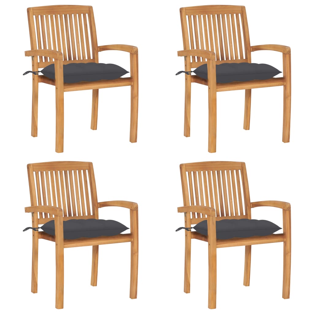 Stacking Patio Chairs with Cushions 4 pcs Solid Teak Wood