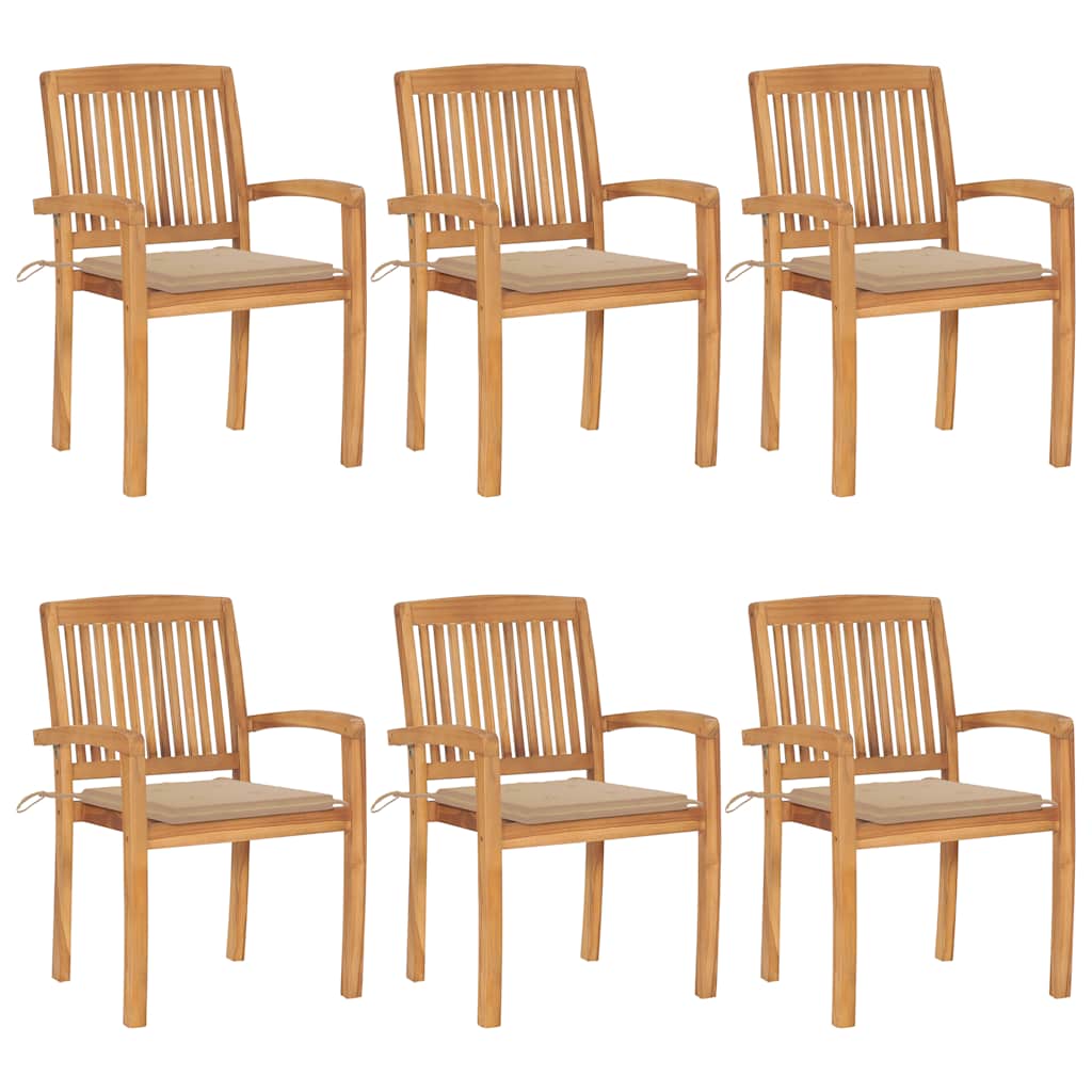 Stacking Patio Chairs with Cushions 6 pcs Solid Teak Wood
