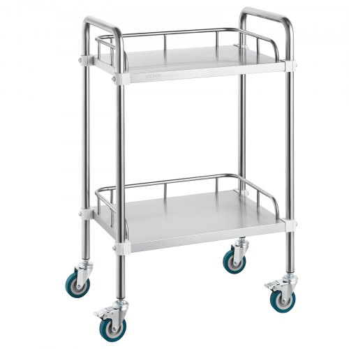 Stainless steel 2-tier rolling cart with swivel wheels for lab, dental, and hospital use