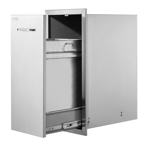 Stainless steel sliding trash drawer with pull-out tray, 13.6"W x 26"H x 19.3"D, featuring lower rails for outdoor kitchen use