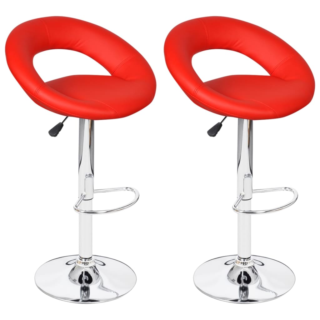 Stool Set of 2 Red Faux leather, Iron Adjustable Footrest