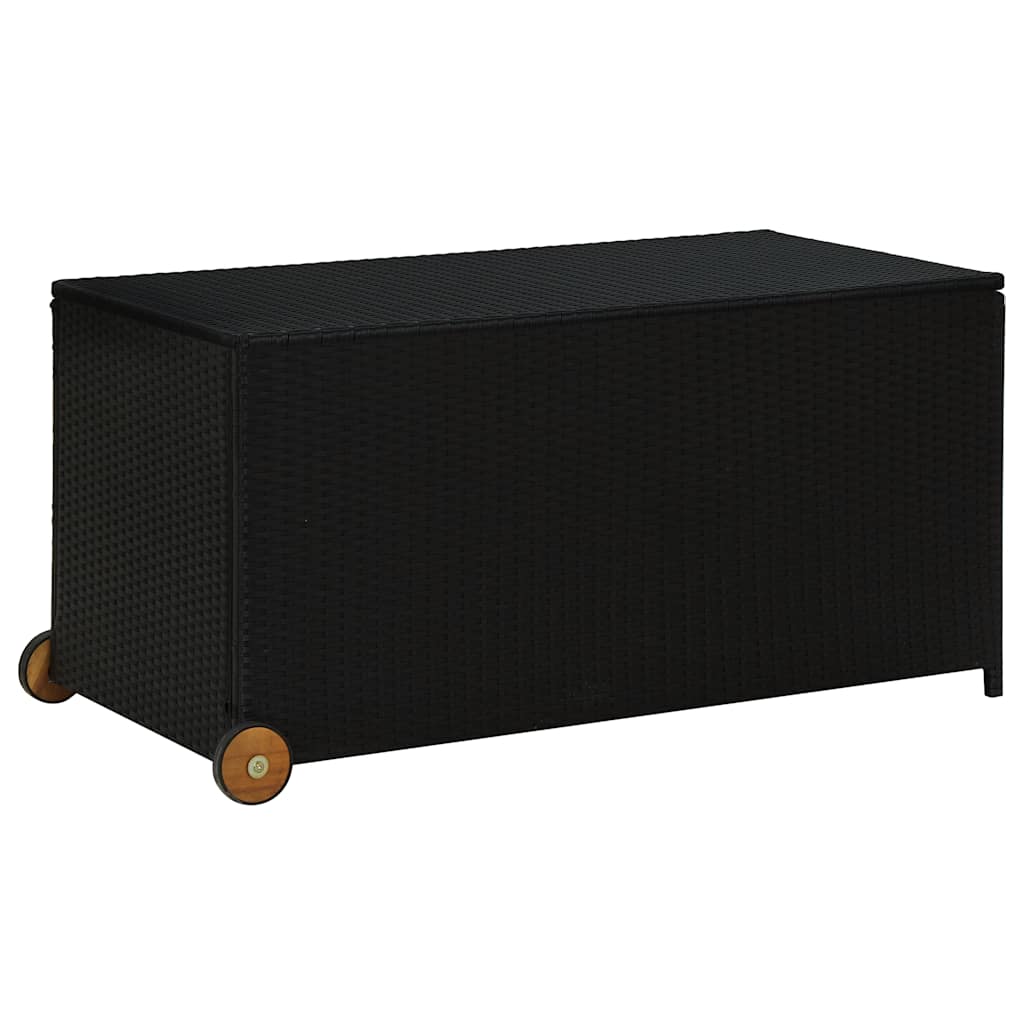 Storage Box Black Poly Rattan, Solid Acacia Wood, Powder-Coated Steel