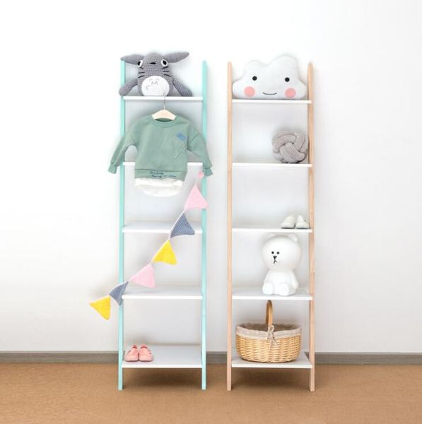 Storage shelf for children's furniture in living rooms, kids' clothing shops, featuring trapezoid solid wood wall racks, flower shelves, and floor corner stands