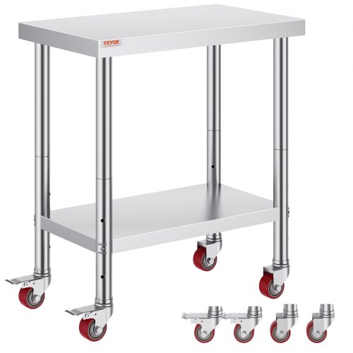 Sturdy 30x18x34-inch stainless steel worktable with 4 wheels, supports 700 lbs, features 3 height adjustments, ideal for heavy-duty food preparation