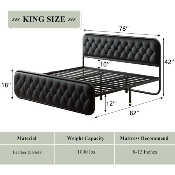 Sturdy king-size bed frame with faux leather headboard, offering 12" under-bed storage in black for bedroom organization