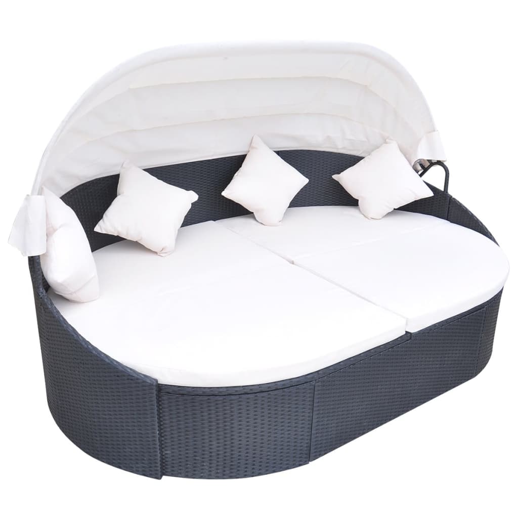 Sun Lounger Black and Cream White PE Rattan Large