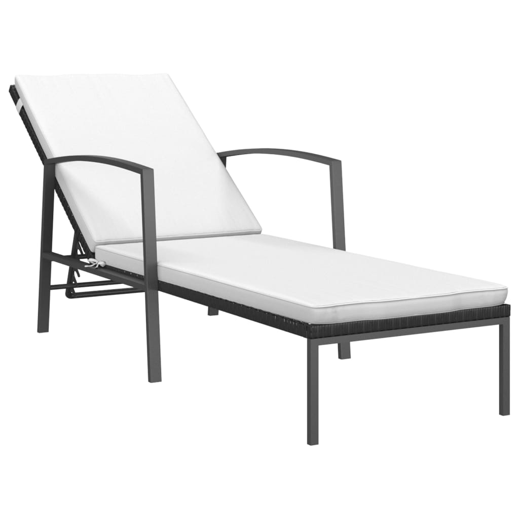 Sun Lounger Black and Cream White Poly Rattan, Powder-Coated Steel