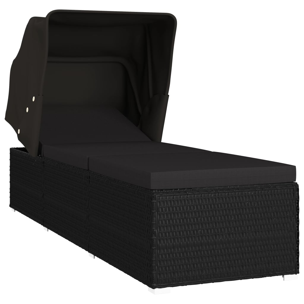Sun Lounger Black PE Rattan, Powder-Coated Steel, 100% Polyester