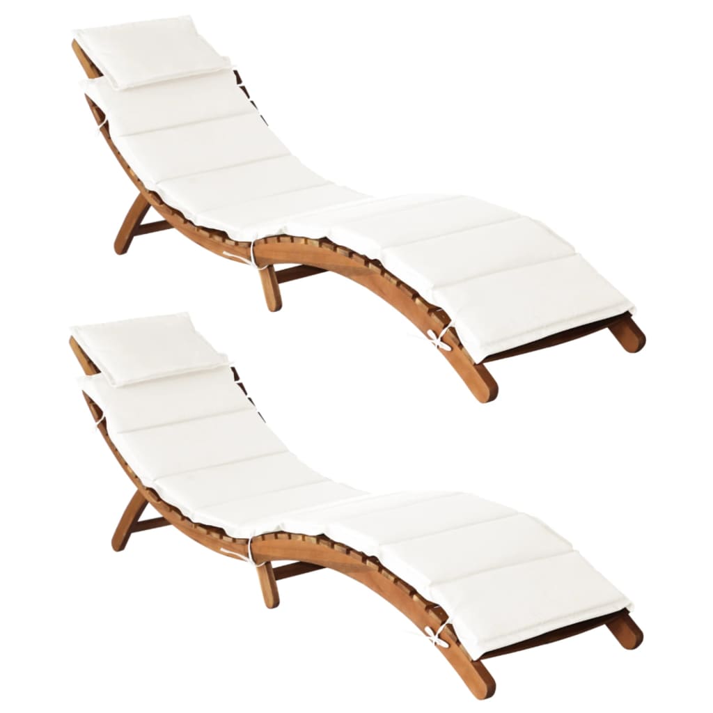 Sun Lounger Set of 2 Cream white Solid Acacia wood Standard