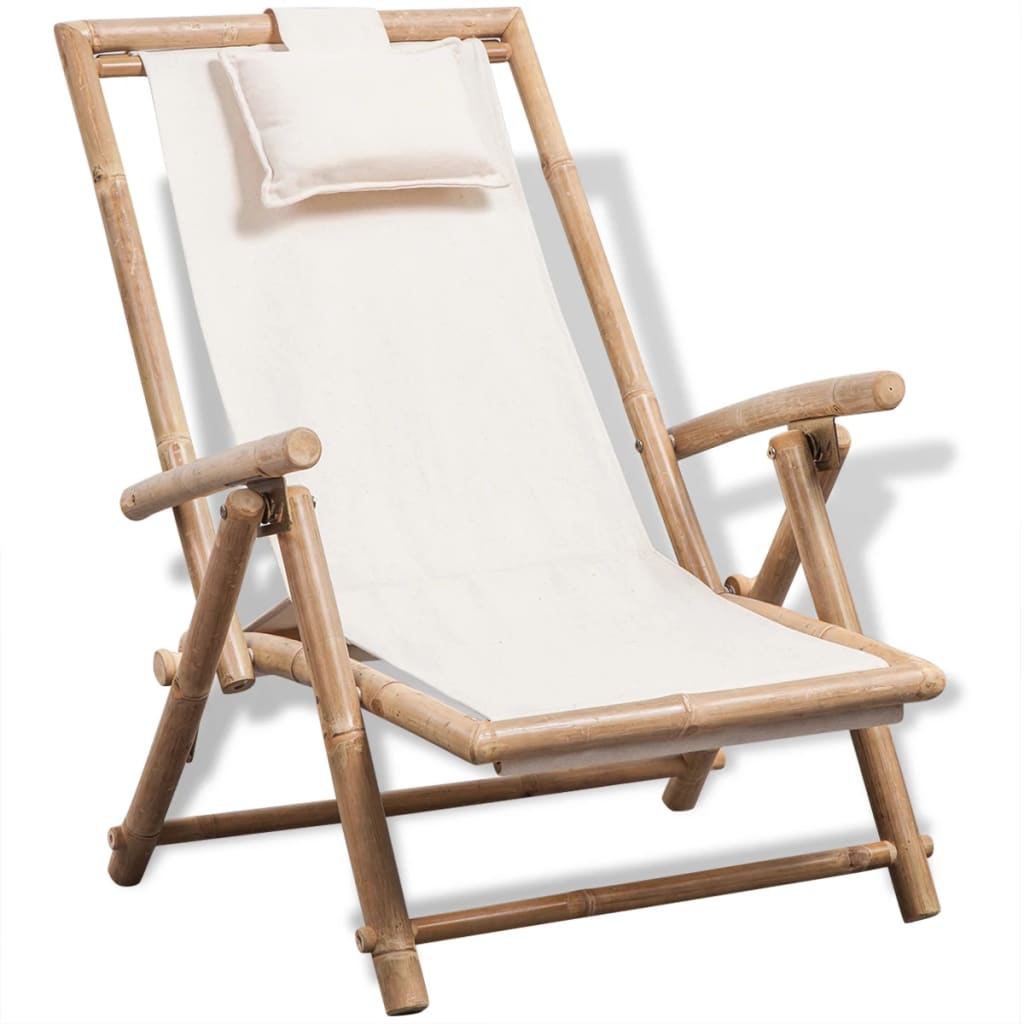 Sun Lounger White Bamboo, Canvas Standard Foldable Sun Lounger