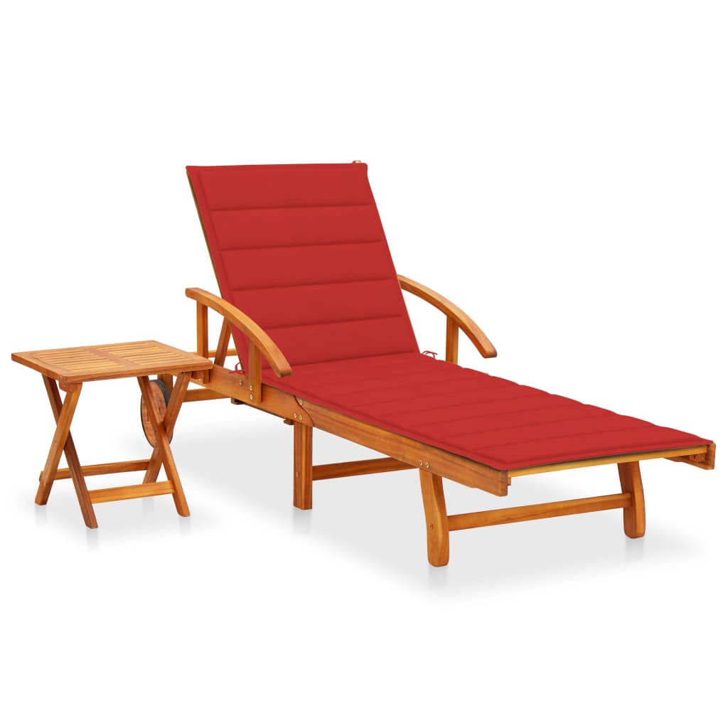 Sun Lounger With Table Red cushion, Natural wood