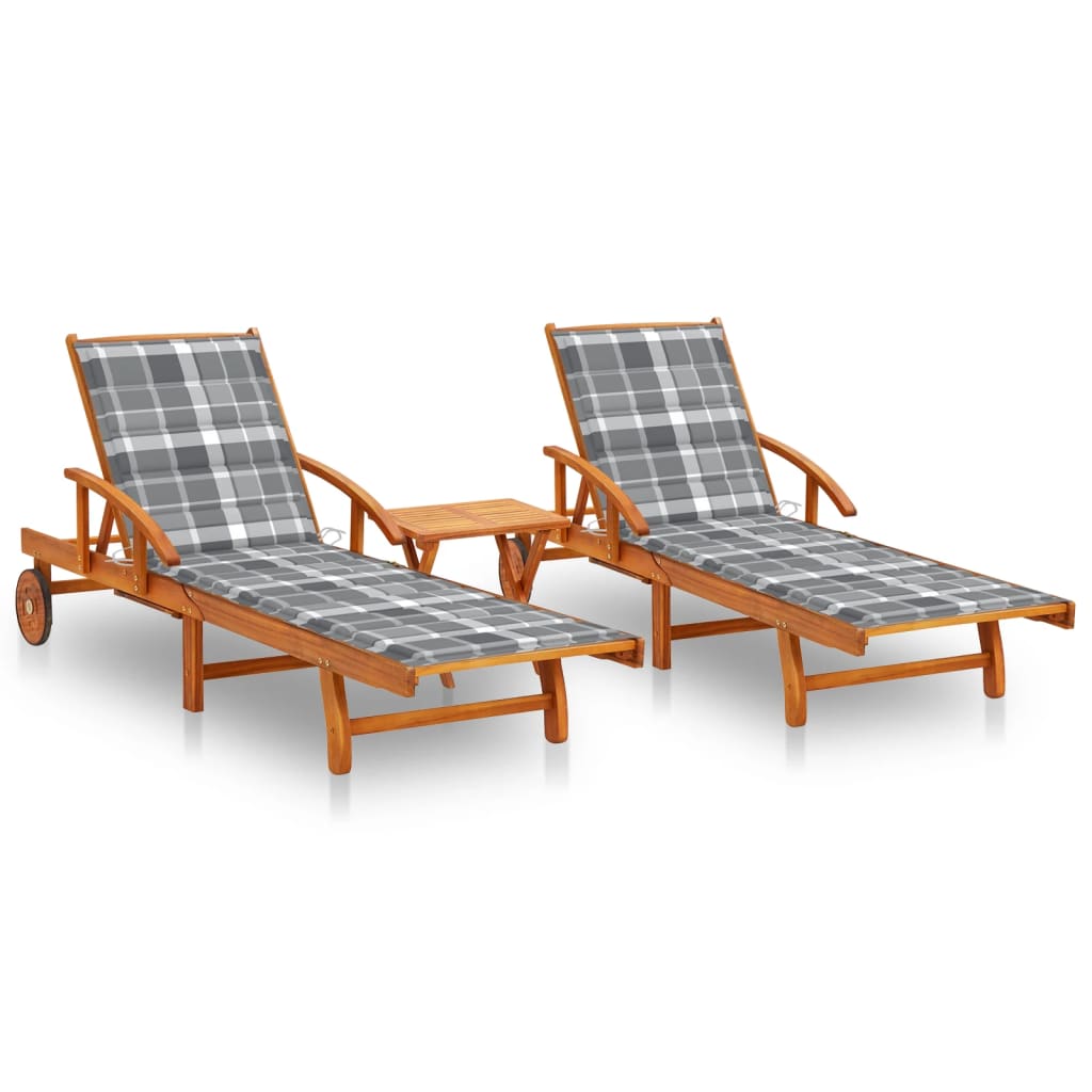 Sun Loungers 2 pcs with Table and Cushions Solid Wood Acacia