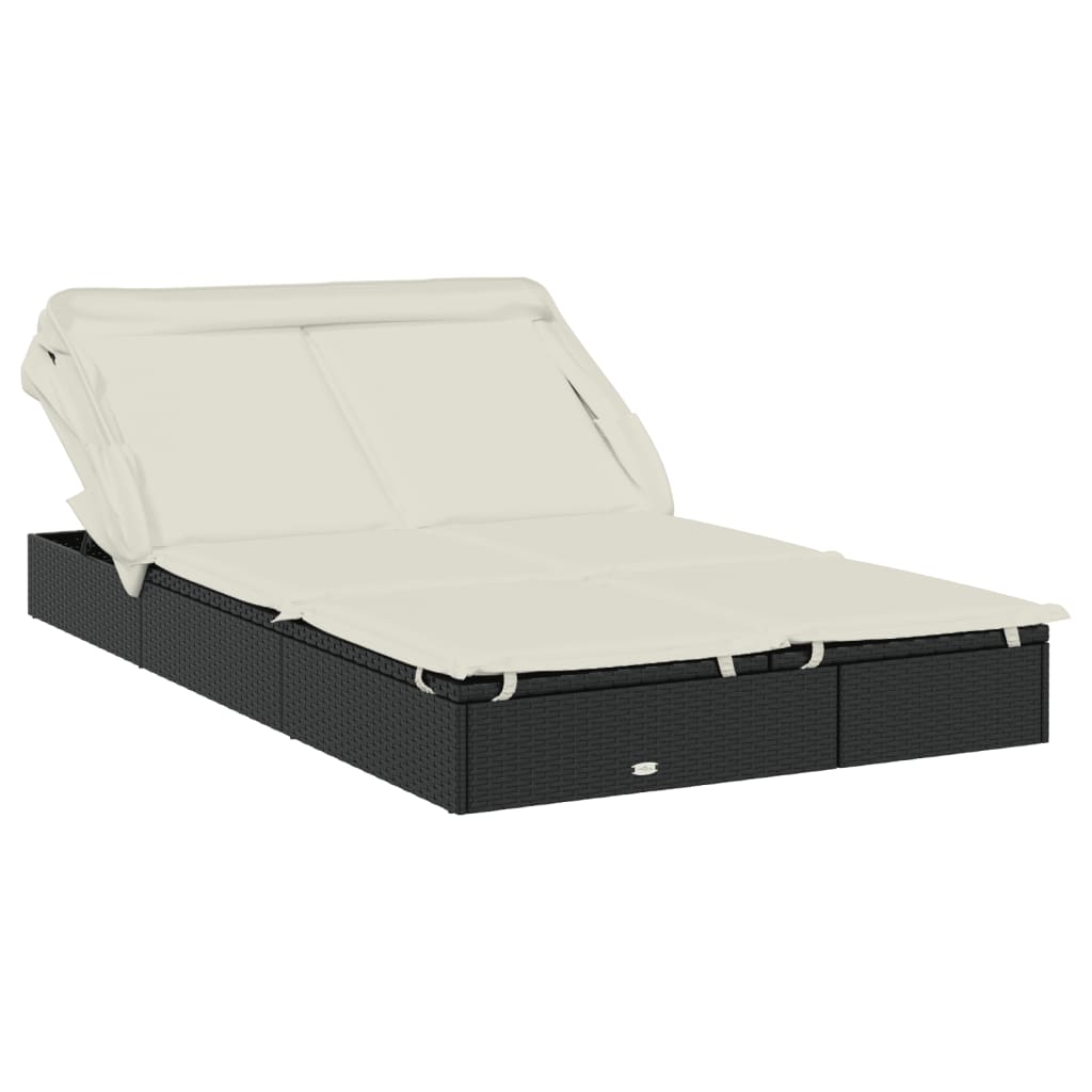 Sunbed Black PE Rattan, Powder-Coated Steel, 100% Polyester Double