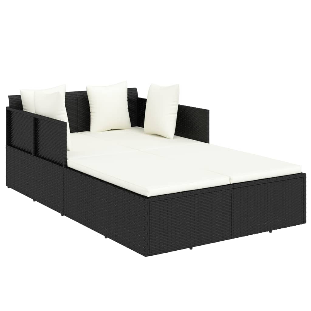 Sunbed Black Rattan, Cream White Cushions
