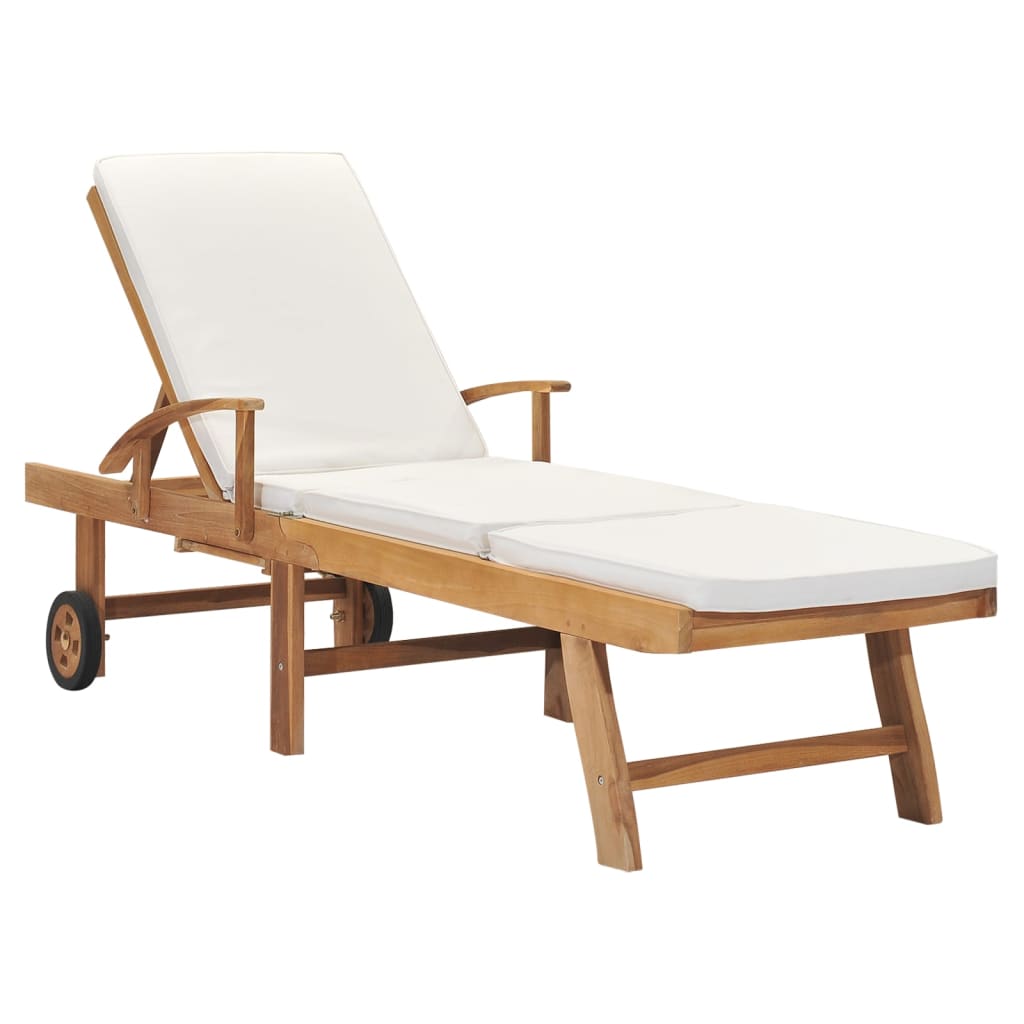 Sunlounger Cream Solid Teak wood Adjustable Footrests Sunlounger