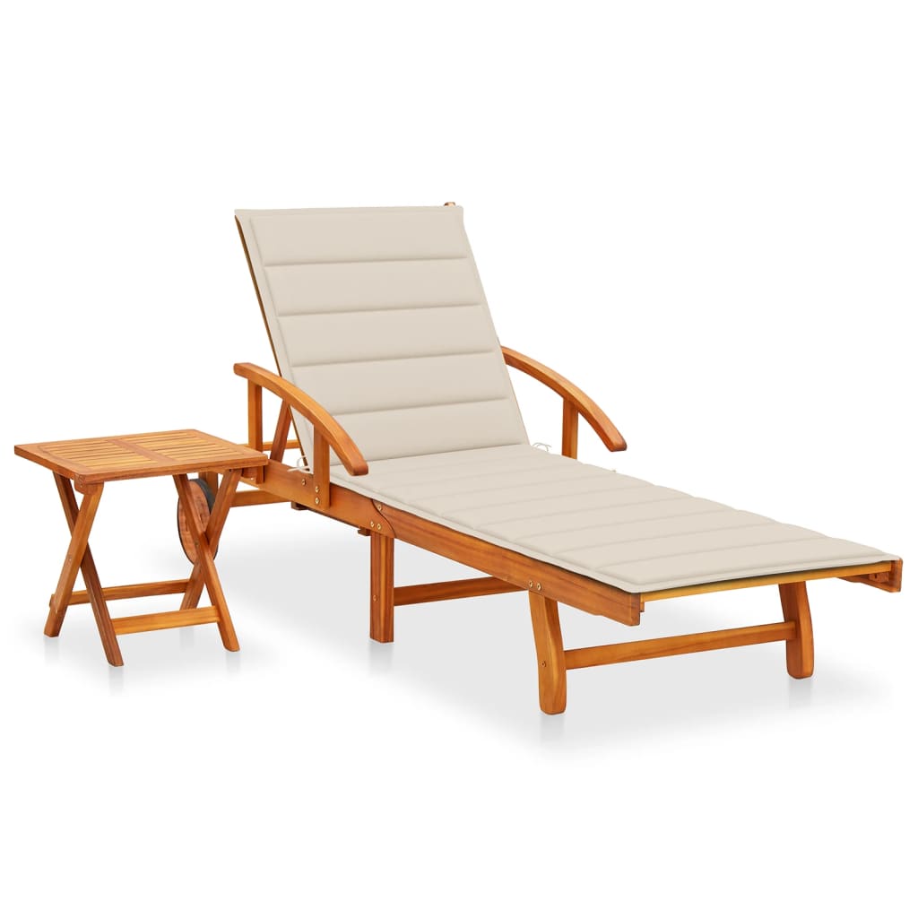 Sunlounger With Table Beige Solid Acacia Wood Standard Foldable