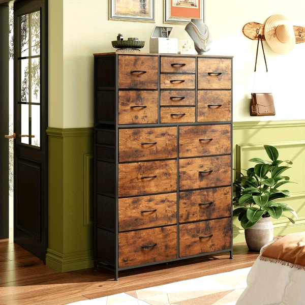 Tall bedroom storage unit with 16-drawer fabric dresser tower in rustic brown wood grain finish, ideal for hallway organization