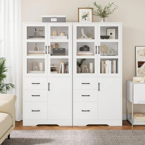 Tall kitchen pantry cabinet with 2 glass display doors, shelves, 3 drawers, and gold handles, 67 inches high