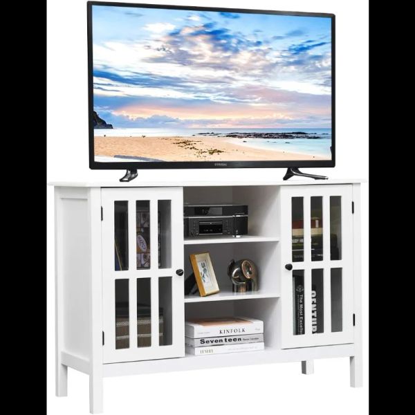 Tangkula White TV Stand: Modern Tall Entertainment Center for 50" TVs with 2 Cabinets & 3 Open Shelves