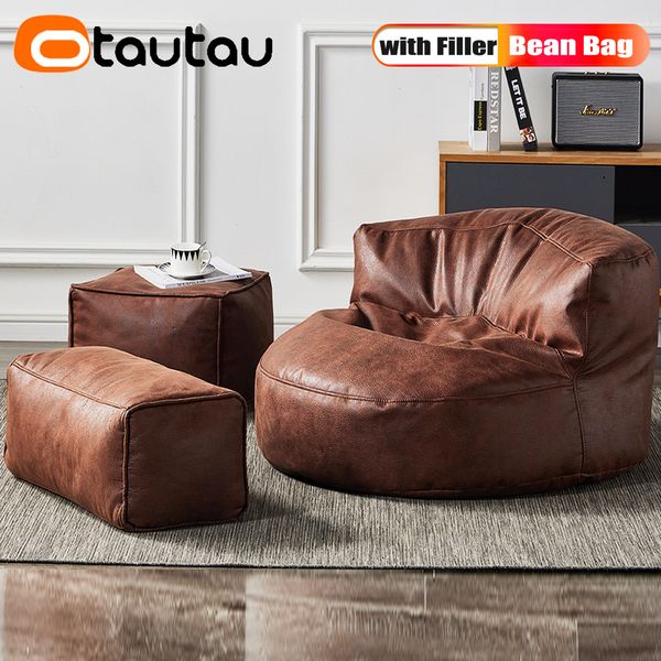Top Faux Leather Bean Bag Sofa Set with Filling Beanbag Chair Ottoman Pouf Stool Corner Seat Footrest Furniture DD6XB1C