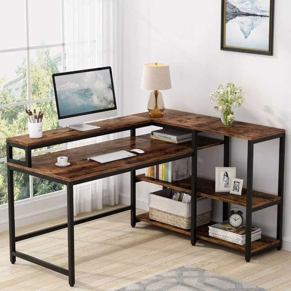 Tribesigns 55-inch reversible L-shaped desk with storage shelves, an industrial-style corner workstation featuring monitor stands