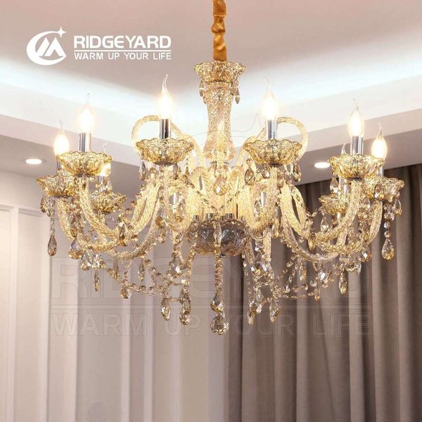 TRY-YEAN Vintage Crystal 10 Arm Cognac Chandelier with Classic K9 Crystal Drops for Living Spaces