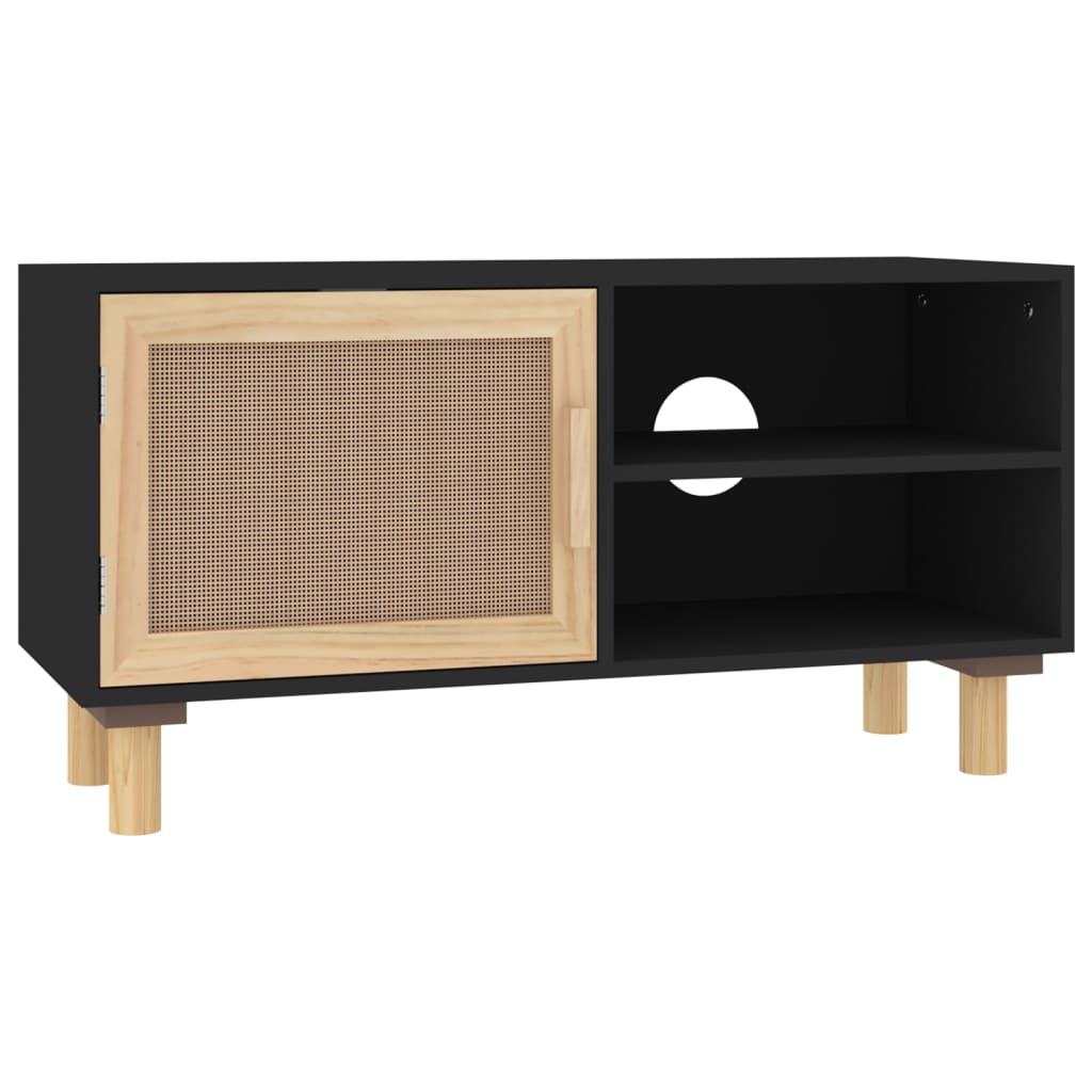 TV Cabinet Black Engineered wood, Solid pine wood, Natural rattan