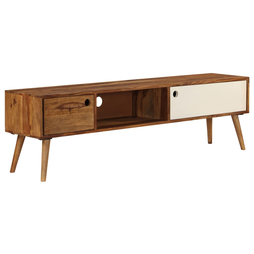TV Cabinet Brown and White Solid Acacia Wood Medium TV Cabinet
