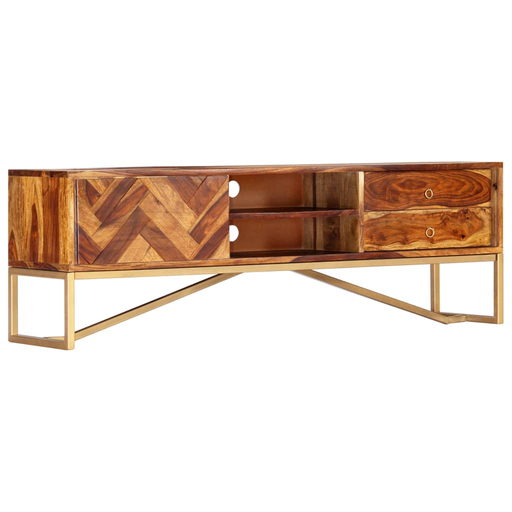 TV Cabinet Brown Solid Acacia Wood, Brass powder-coated iron