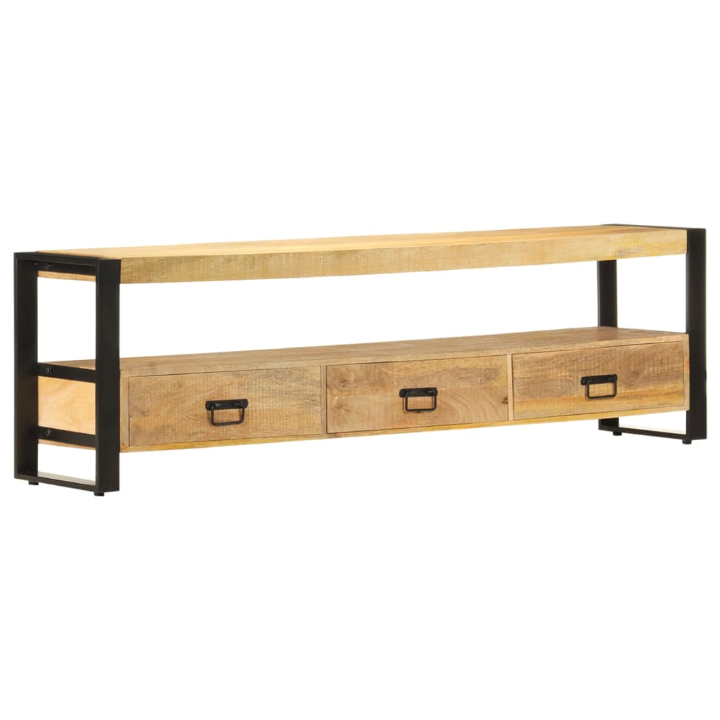 TV Stand Natural Wood, Black Solid Mango Wood, Powder-Coated Steel