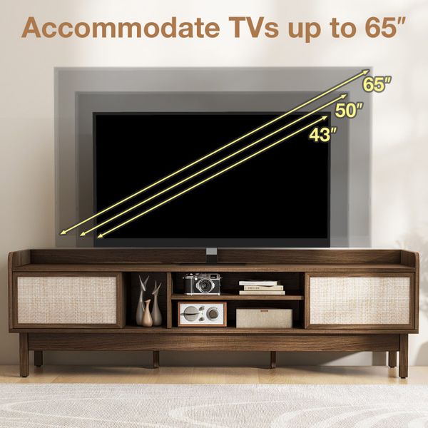 TV stand with sliding woven doors for 65-inch screens