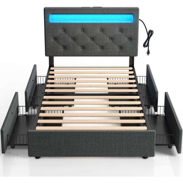 Twin Size Frame LED Lights Charging Station
Upholstered Bed with Drawers
Wooden Plan
Easy To Assemble
