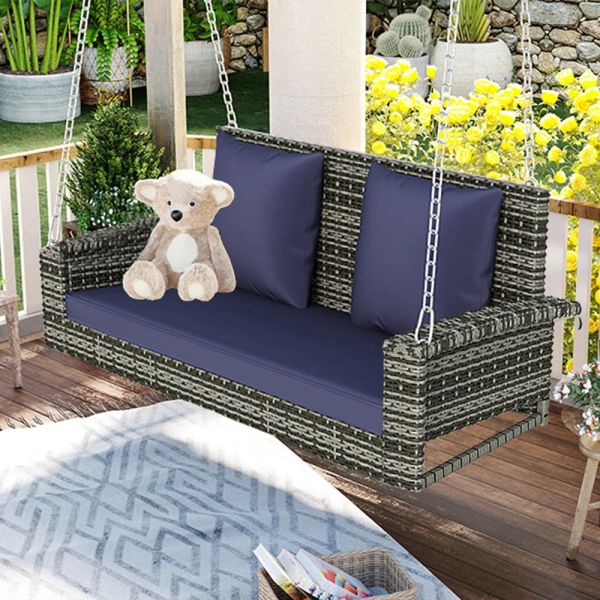 Two-seat wicker patio swing chair for outdoor garden or backyard hanging