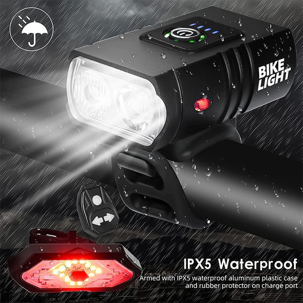USB rechargeable bike light set with ultra-bright front headlight and rear taillight featuring 6 lighting modes, compatible with all bicycles