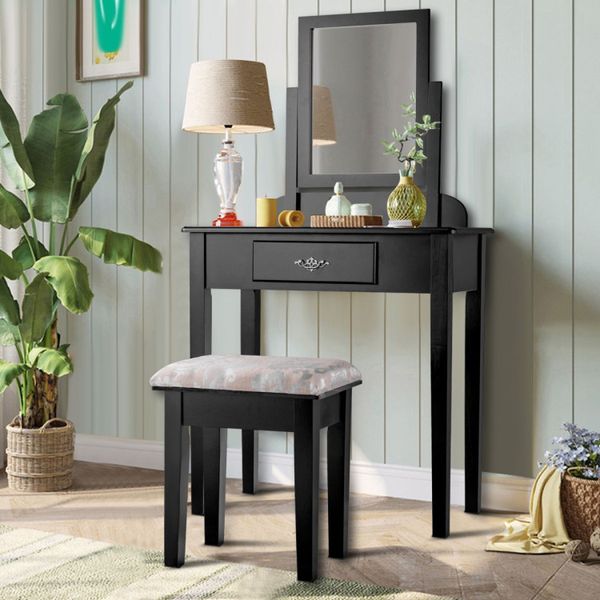Vanity stool set featuring a spacious makeup mirror