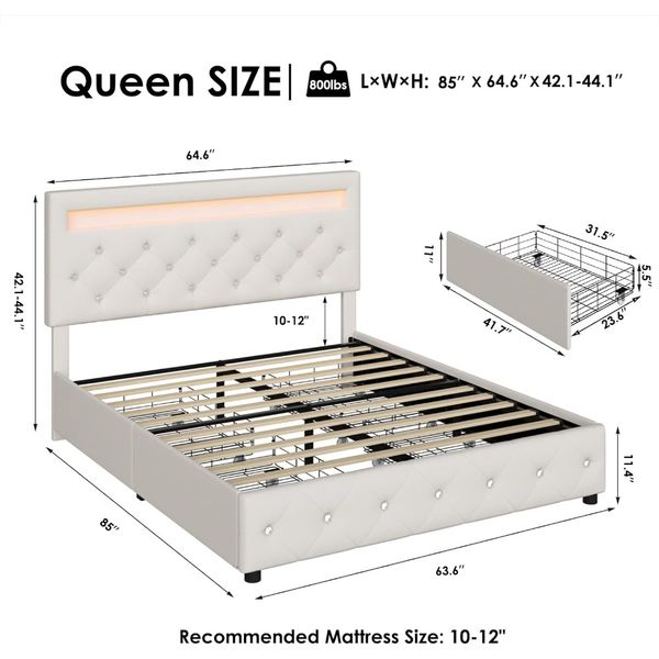Veet Upholstered Platform Bed with LED lights and 4 storage drawers, featuring a tufted headboard