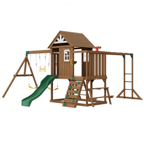 VEVOR 10-in-1 Wooden Swing Set with 2 Swings, Trapeze, 6FT Slide, and Spacious Playhouse Featuring Pretend Kitchen