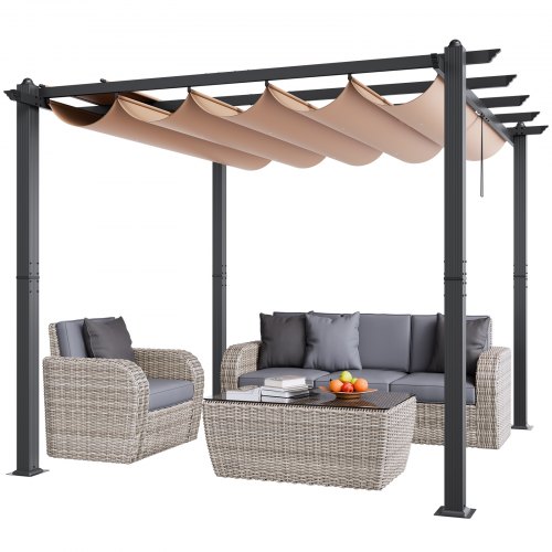 VEVOR 10x10 Outdoor Retractable Aluminum Pergola with Beige Sun Shade Canopy