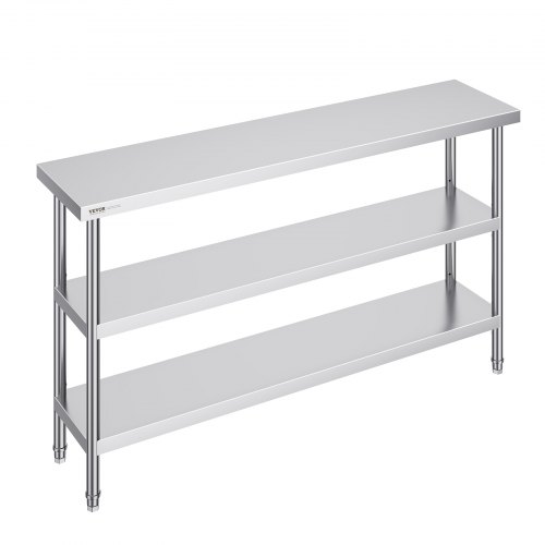 VEVOR 14x60x34 Inch Stainless Steel Commercial Kitchen Worktable with 2 Adjustable Shelves
