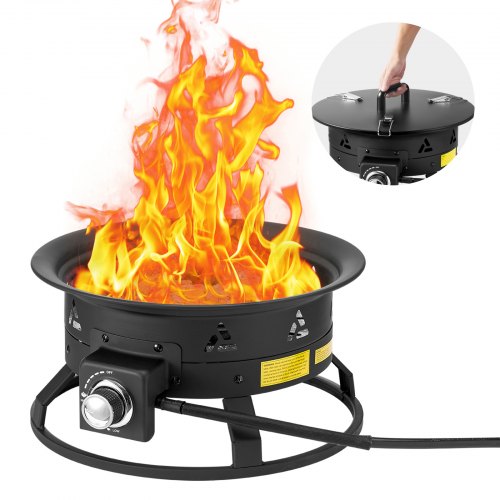 VEVOR 19-inch portable propane fire pit with adjustable flame, cover, and lava rocks for outdoor heating and camping