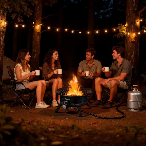VEVOR 19-Inch Propane Fire Pit, 53,000 BTU Portable Gas Fire Bowl with Grill Grate, Lava Stones, Adjustable Flame, Foldable Legs, Smokeless Design for Outdoor Use