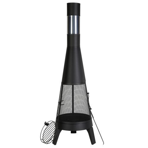 VEVOR 20-inch outdoor wood-burning chiminea, a conical fireplace ideal for BBQs and warmth, featuring a grill mesh, chimney cover, and rust-resistant coating