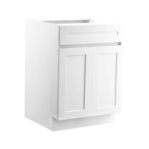 VEVOR 24-inch white shaker base cabinet with drawer, unassembled RTA unit measuring 24"W x 24"D x 34.5"H featuring soft-close mechanism