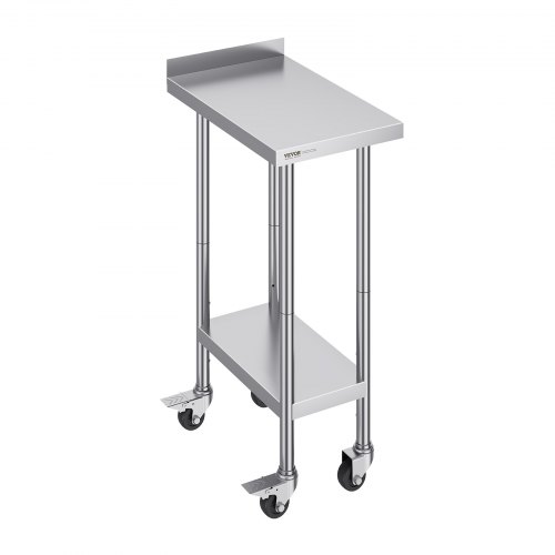 VEVOR 24x15x40 Inch Stainless Steel Commercial Food Prep Table with Wheels, Heavy-Duty Adjustable Metal Workstation